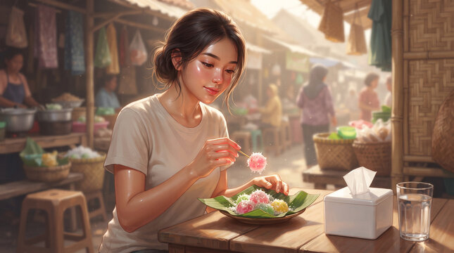 Smiling Asian woman eating colorful traditional Indonesian cenil cake at local market