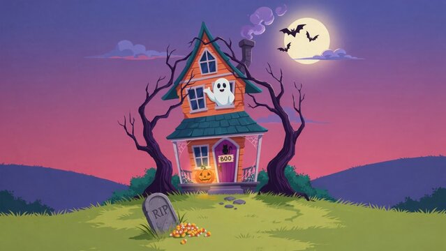 Spooky haunted house with jack o lanterns under a full moon at night