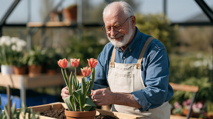 Obraz premium Elderly man with trembling hands carefully arranging tulips in a garden pot during Parkinson awareness day, determination visible on his weathered face, morning light filtering