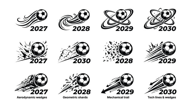 Modern soccer ball logos featuring futuristic designs with year labels and styles