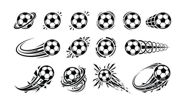 Dynamic soccer ball action icons with various movement effects transparent background