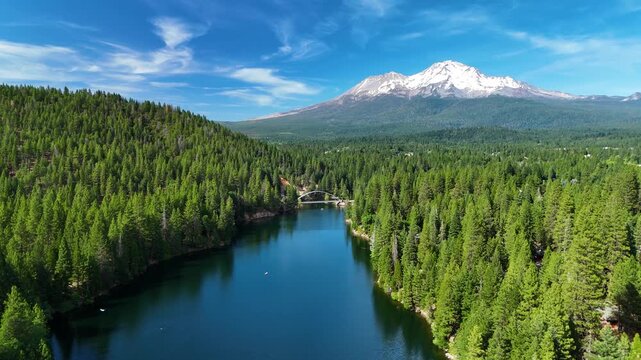 Scenic wide view of the majestic snow-capped Mount Shasta reflecting on the pristine blue waters of Lake Siskiyou, beautifully framed by a dense green pine forest in California, USA