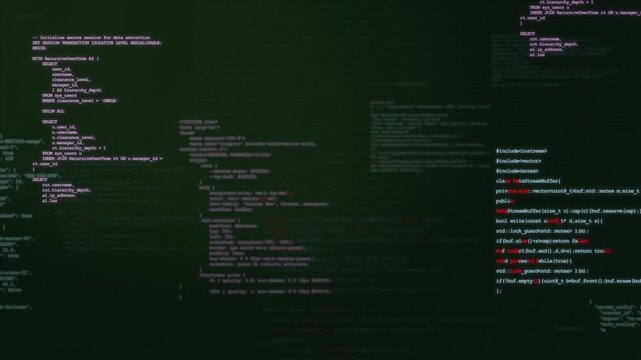 Cyber security green data stream overlay featuring scanlines and floating programming text. Designed for digital network and tech videos.