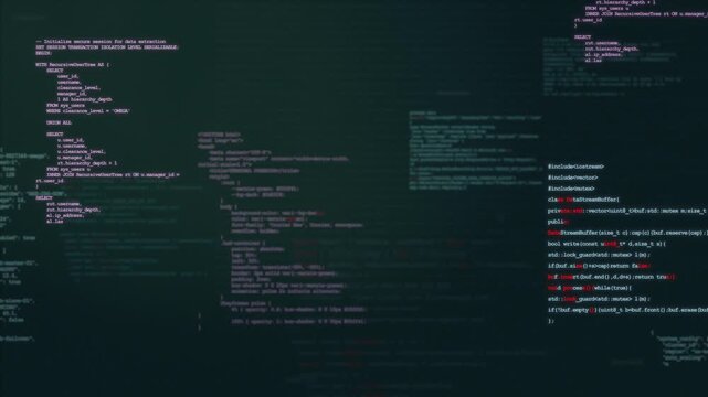 Server data processing terminal UI featuring scrolling programming scripts and network data. Perfect for tech backgrounds.