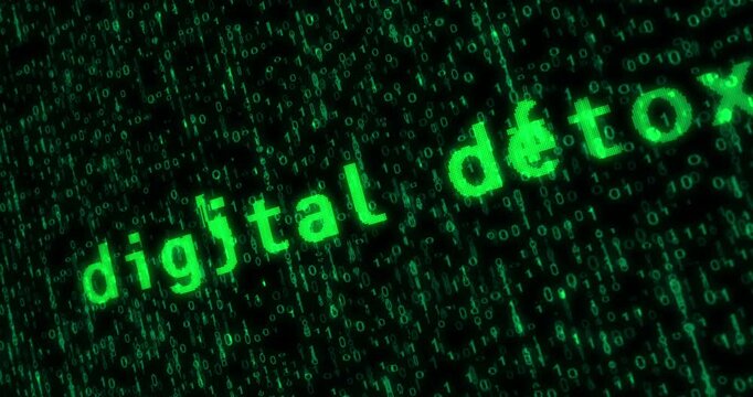 Digital detox text typing on display screen matrix style. Searching with retro monitor green pixel macro view.
