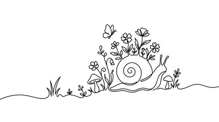 Premium whimsical single line drawing of a snail carrying a bouquet of flowers and mushrooms, with a butterfly fluttering nearby, on a © Master_BG