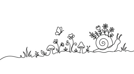 Premium whimsical oneline drawing of a snail carrying flowers on its shell, with mushrooms, flowers, and a butterfly in a garden setting © Master_BG