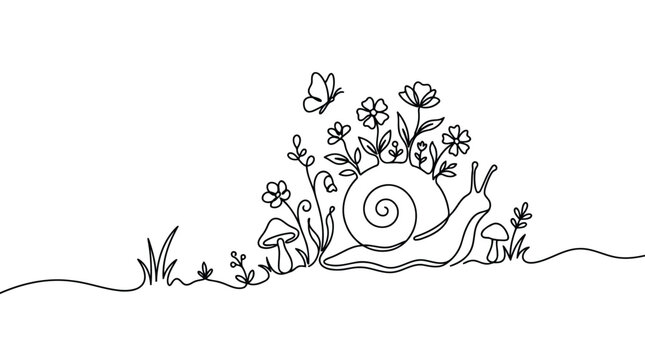 Premium whimsical single line drawing of a snail carrying a bouquet of flowers and mushrooms, with a butterfly fluttering nearby, on a