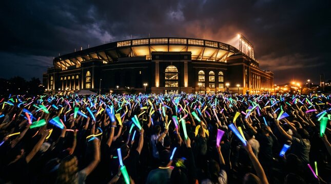 Massive crowd holding glowing light sticks outside a illuminated stadium at night