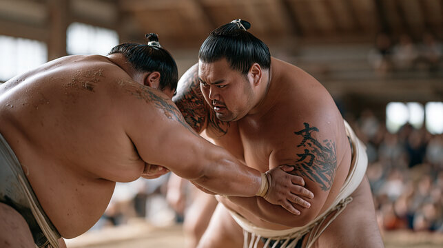 Samoan sumo wrestler in training clash inside practice hall, two heavyweights colliding, sawdust ring floor, traditional sumo culture, strength and mass contest, early morning