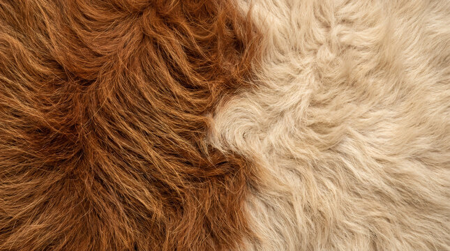 Fluffy sheepskin rug texture, brown and beige long hair animal fur background, cozy winter home decor textile