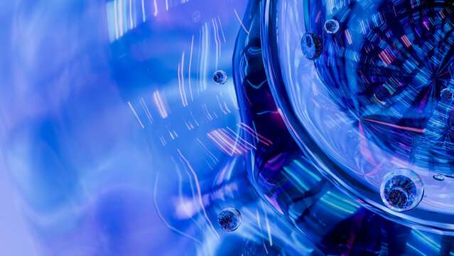 Abstract blue glass bubbles with light reflections and liquid texture