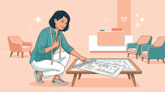 Designer Planning Healthcare Space with Floor Plans and Blueprints