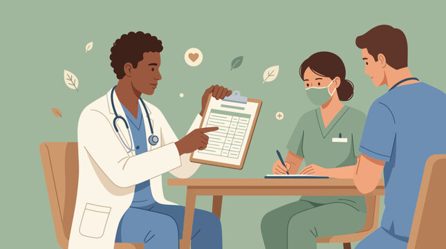 Doctor and nurses discussing medical chart, teamwork, healthcare illustration