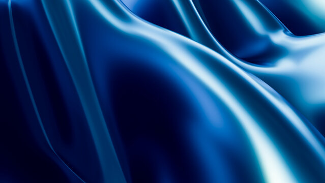 Blue shiny silk fabric with smooth reflective folds