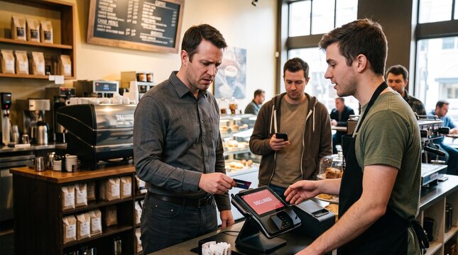 Man receives declined payment message at cafe counter with man holds card near payment terminal declined message daily life transaction business interior failure person with screen