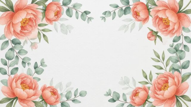 Beautiful watercolor floral frame with peach peonies and eucalyptus leaves on a white background, perfect for invitations and greeting cards.