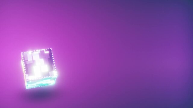 10s seamless loop of a 3D cube with glowing pixelated mosaic pattern. Slow rotation on a vibrant purple gradient. Minimal background for tech, creative and digital projects