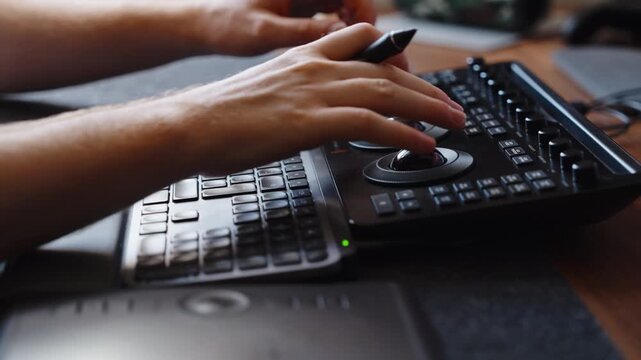 Hands operate color grading control panel and keyboard in creative workspace