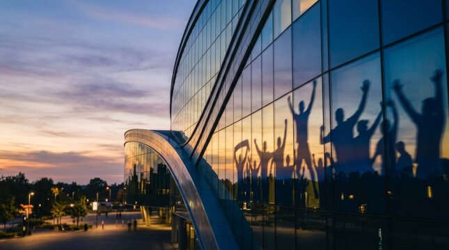 Modern glass building reflecting cheering crowd silhouette at sunset