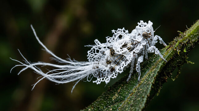 A unique flatid planthopper nymph with white waxy secretions on a leaf.