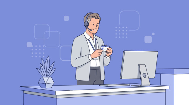 Customer service agent with headset and ID badge at desk with computer, isolated