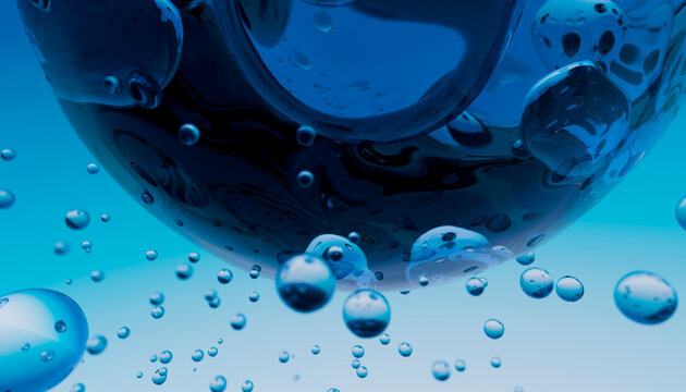Close-up of blue water bubbles underwater highlighting surface tension