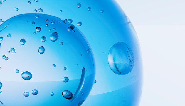 Blue transparent bubbles close-up displaying various small air