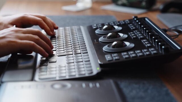 Hands operate a keyboard and color grading control panel in a creative workspace