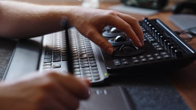 Hands operate color grading control panel and keyboard in creative workspace