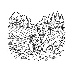 Obraz premium Man kneeling in a field plants a small tree sapling with a shovel nearby, illustrating environmental conservation efforts.