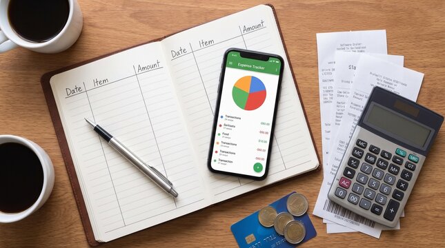 Expense tracking with notebook phone calculator and coffee on wooden desk with notebook expense tracker columns calculator receipts credit credit card coins organization with bookkeeping