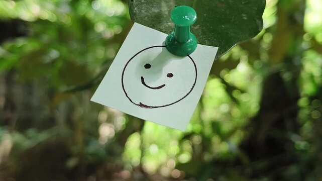 Happy face drawing on paper stick on green forest tree leaf move with wind. Healthy lifestyle, mindfulness, mental wellbeing digital detox and harmony with nature concept.