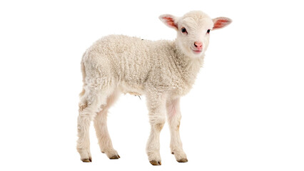 Fototapeta premium Cute fluffy small white domestic lamb sheep standing isolated on transparent background