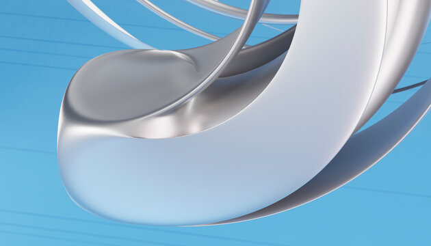 Metallic abstract sculpture with smooth curves on blue background