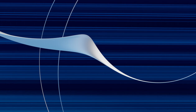 White abstract flowing ribbon shape over blue striped background