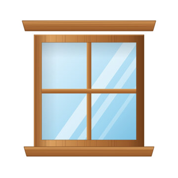 Closed wooden window with four panes a sill and a lintel on transparent background
