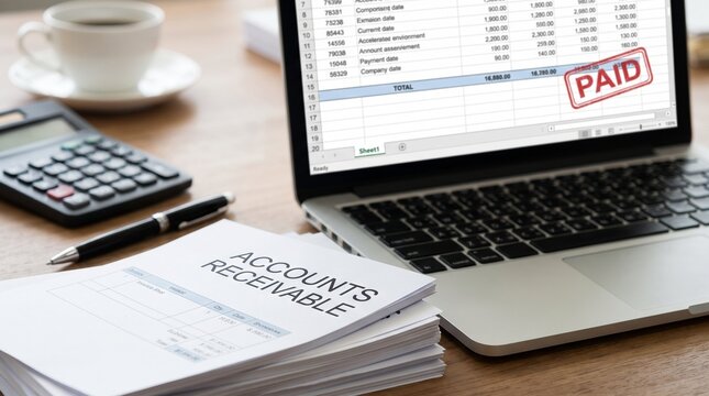 Accounts receivable documents on office desk with laptop with laptop calculator office supplies bookkeeping spreadsheet accounting paperwork workspace business computer with Invoice
