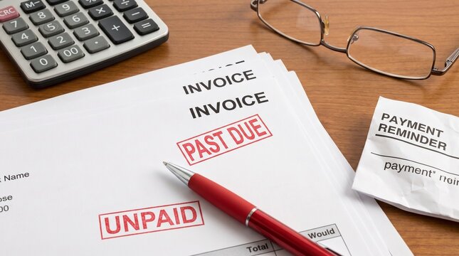 Unpaid invoices with past due stamps and payment reminder on a desk with red pen calculator invoices marked documents business glasses finance overdue office wooden with table