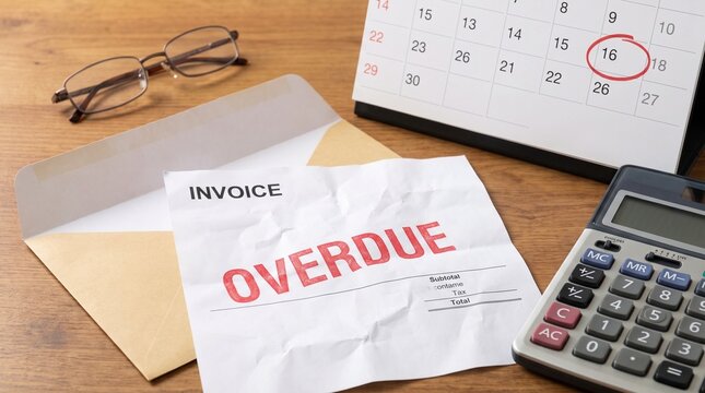 Overdue invoice on wooden desk with calendar calculator with overdue payment invoice lies furniture reminder business document glasses finance account office table with bill