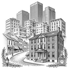 Obraz premium Engraved art of a vintage street scene with buildings and a clock in the foreground and skyscrapers in the background