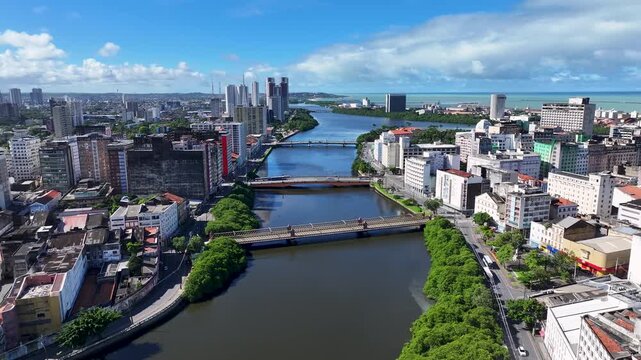 Recife Skyline In Recife In Pernambuco Brazil. Riverfront Landscape. Highrise Buildings. Downtown District. Recife Skyline In Pernambuco Brazil Northeast. Tourism Landmark Scenery.