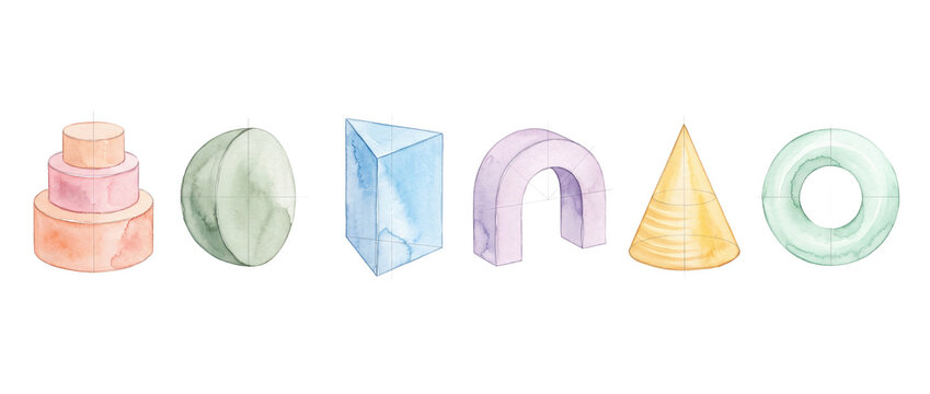Geometric 3d shapes watercolor illustration isolated on black background featuring pastel colored cone sphere arch cylinder torus prism with architectural construction lines for design and education