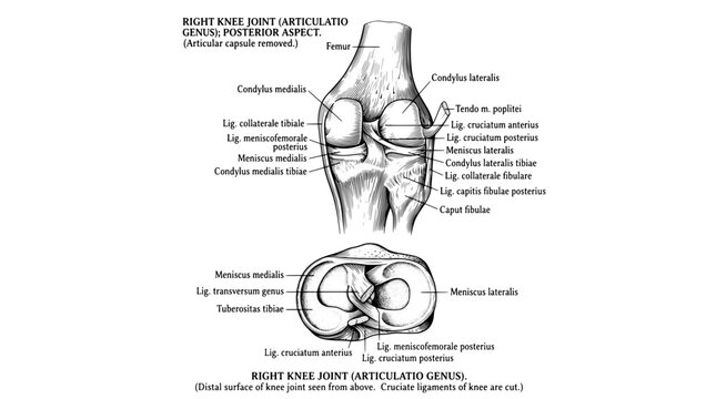 Detailed engraving of the right knee joint showing the anatomy from the posterior aspect