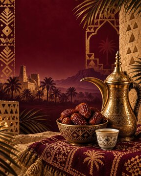 Arabic dates and coffee pot with desert landscape backdrop