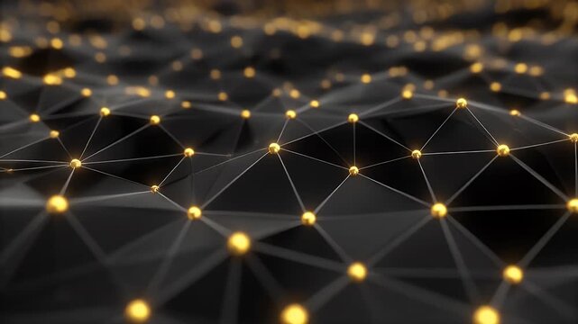 A complex network of golden spheres connected by lines on a dark, undulating surface.