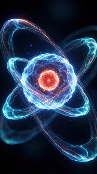 Abstract atomic structure with glowing energy nucleus and orbiting electrons. Represents subatomic particles and quantum mechanics for science and tech concepts.