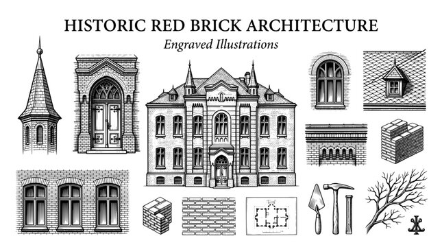 Historic red brick architecture engraved illustrations showcasing details of buildings and materials