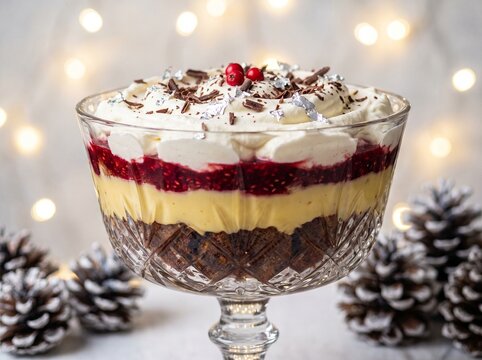 Close Up of Traditional English Sherry Trifle Dessert Layered in Crystal Bowl with Festive Christmas Lights Background
