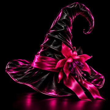 Glossy black witch hat decorated with vivid fuchsia ribbon and flower, illuminated by neon pink light on a dark background, elegant modern Halloween concept.
